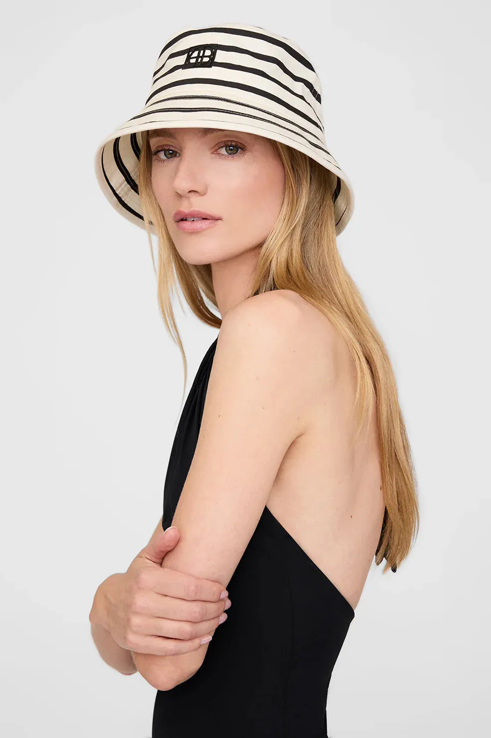 Anine Bing Nicks Bucket Hat in Black Stripe French Terry