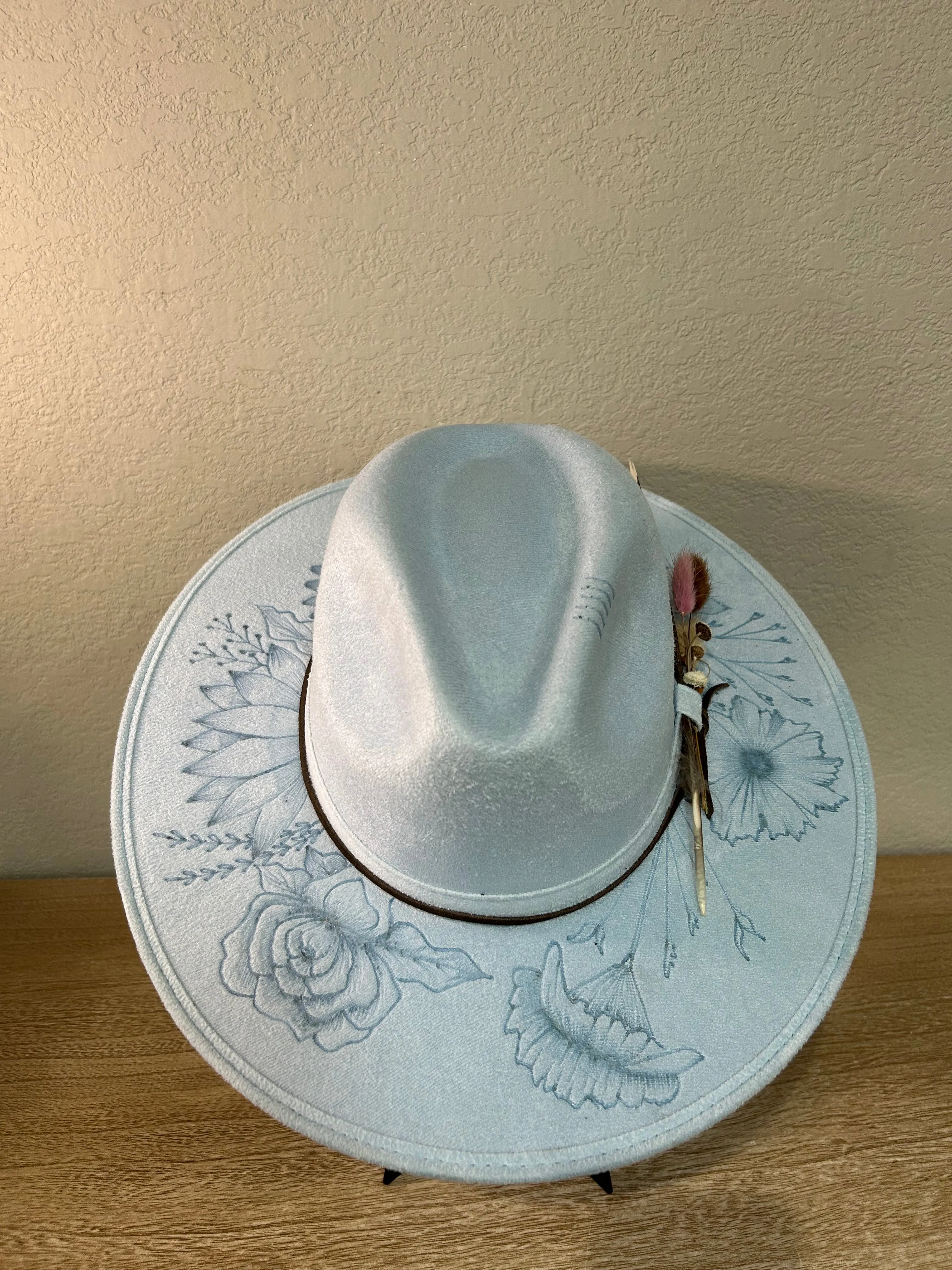 Blue Flowers Flat Brim Fedora Hat