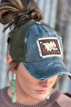 Leather Floral Framed Olive Distressed Womens Baseball Cap